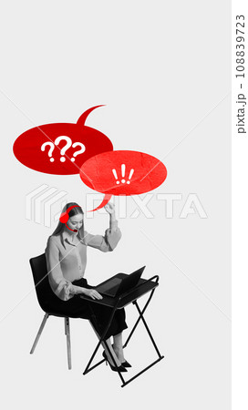 Young woman in headphones sitting and working with laptop, supporting people via phone, answering questions. Contemporary art collage. 108839723