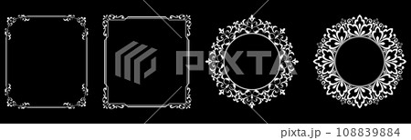 Set of decorative frames Elegant vector element for design in Eastern style, place for text. Floral black and white borders. Lace illustration for invitations and greeting cards. Set of decorative frames Elegant vector element for design in Eastern style, place for text. Floral black and white borders. Lace illustration for invitations and greeting cards. 108839884
