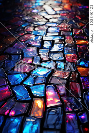 Vivid Holographic Mosaic Pathway in Cool Hues. AI generation Vivid Holographic Mosaic Pathway in Cool Hues. AI generation 108840423