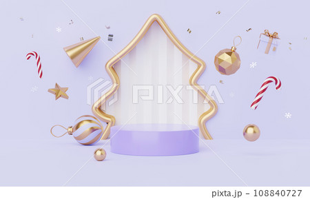 Christmas backgrounds with podium stage platform in minimal New year event theme. Merry Christmas scene for product display mock up banner. Empty stand pedestal decor in Xmas winter scene. 3D render. 108840727