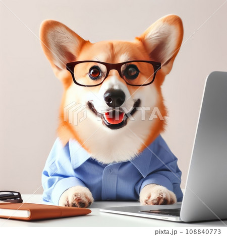 Cute corgi dog looking into computer laptop working in glasses and shirt Cute corgi dog looking into computer laptop working in glasses and shirt 108840773