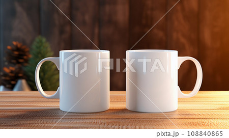 Two White Mugs Mockup Against the Background of Blurred Lights 108840865