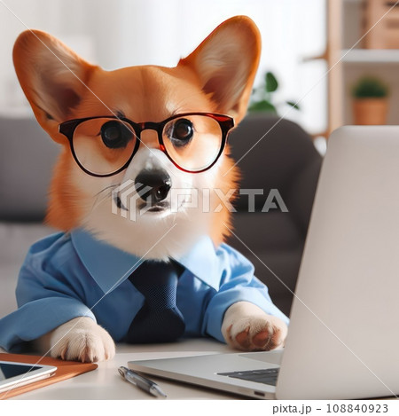 Cute corgi dog looking into computer laptop working in glasses and shirt Cute corgi dog looking into computer laptop working in glasses and shirt 108840923