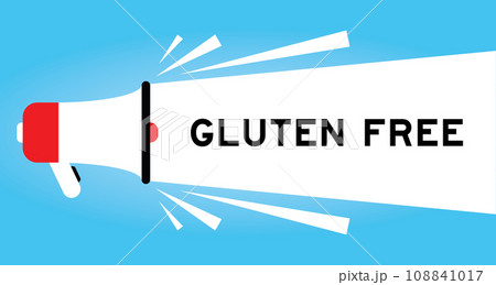 Color megaphone icon with word gluten free in white banner on blue background Color megaphone icon with word gluten free in white banner on blue background 108841017