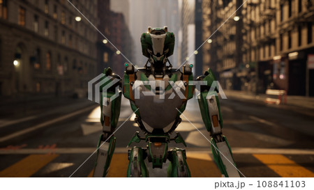 robot walking along a deserted street in a big city. humanoid AI robot crossing street. 3d animation. future automation job. robot walking along a deserted street in a big city. humanoid AI robot crossing street. 3d animation. future automation job. 108841103