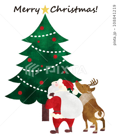 ほっこりかわいいクリスマス 　手描き風　クリスマスツリー　見上げるサンタ　トナカイ 108841219