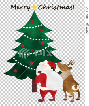 ほっこりかわいいクリスマス 　手描き風　クリスマスツリー　見上げるサンタ　トナカイ 108841219