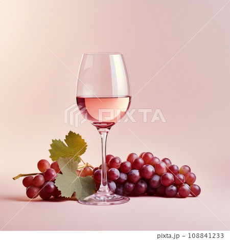 A glass of rose wine with grapes on pastel pink background 108841233