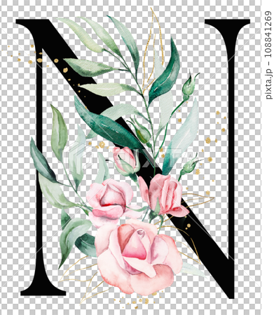Black letter N with pink watercolor flowers and green and golden leaves, isolated illustration 108841269