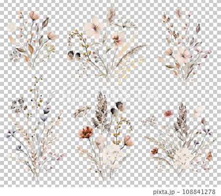 Bouquets with watercolor autumn wild flowers and leaves, Brown and beige wedding illustration 108841278
