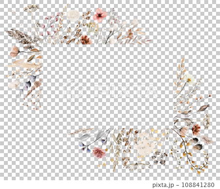 Border with watercolor frame with autumn brown wild flowers and leaves, wedding illustration 108841280