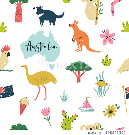 Colorful seamless pattern, digital paper with famous symbols, animals of Australia. 108841593
