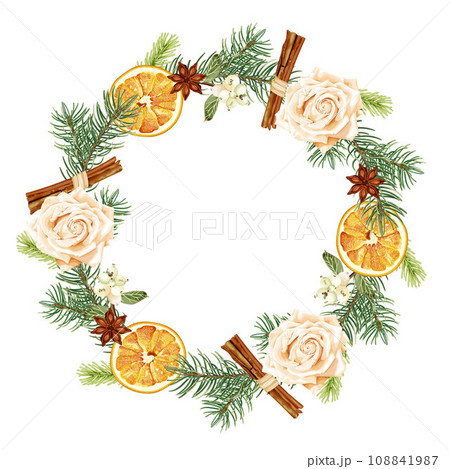 Christmas wreath, frame with dried orange, fir tree, cinnamon, anise and snowberry. Aroma decoration. 108841987