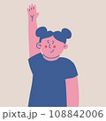 Cute little girl with raised hand. Kid pulls his hand up. Minimalist child character. Vector isolated illustration. 108842006