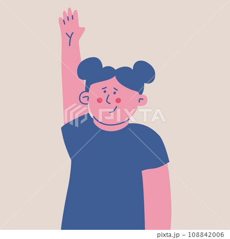 Cute little girl with raised hand. Kid pulls his hand up. Minimalist child character. Vector isolated illustration. Cute little girl with raised hand. Kid pulls his hand up. Minimalist child character. Vector isolated illustration. 108842006