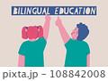 Boy and girl point with fingers at the inscription bilingual education. Vector isolated illustration. 108842008