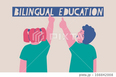 Boy and girl point with fingers at the inscription bilingual education. Vector isolated illustration. Boy and girl point with fingers at the inscription bilingual education. Vector isolated illustration. 108842008