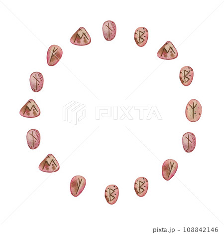 Watercolor illustration. Runes on pink stones arranged in a circle, painted in watercolor on a white background. Suitable for printing on fabric, paper, scrapbooking, yoga and design. Watercolor illustration. Runes on pink stones arranged in a circle, painted in watercolor on a white background. Suitable for printing on fabric, paper, scrapbooking, yoga and design. 108842146