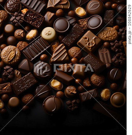 Assorted chocolates scattered on a dark background, with copy space. 108842629