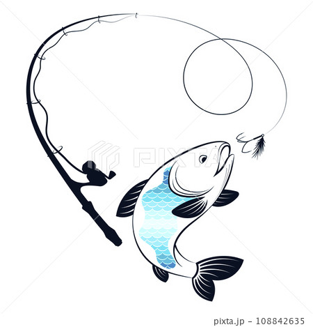 Fishing rod with tackle and fish, symbol for fishing 108842635