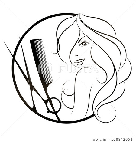 Girl with curls of hair, scissors and a comb. Round badge with edge Girl with curls of hair, scissors and a comb. Round badge with edge 108842651