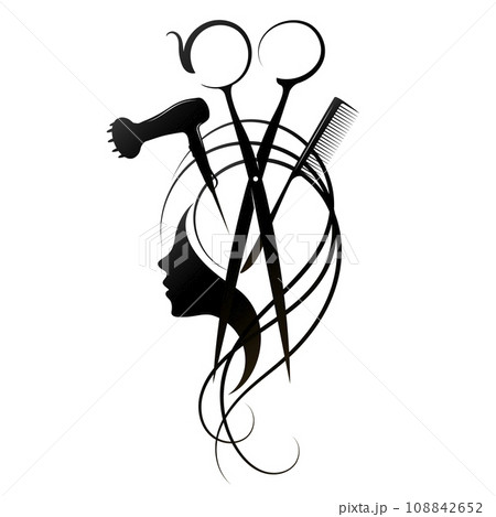 Girl with curls of hair, scissors and comb Girl with curls of hair, scissors and comb 108842652
