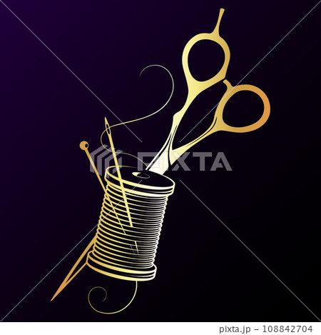 Gold scissors a spool of colored threads and a needle and thread Gold scissors a spool of colored threads and a needle and thread 108842704