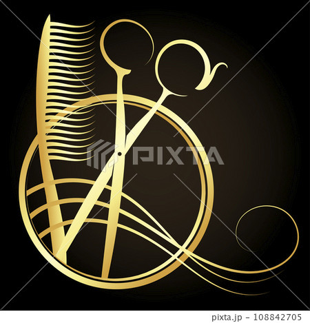 Gold scissors comb and hair curl in a round frame Gold scissors comb and hair curl in a round frame 108842705