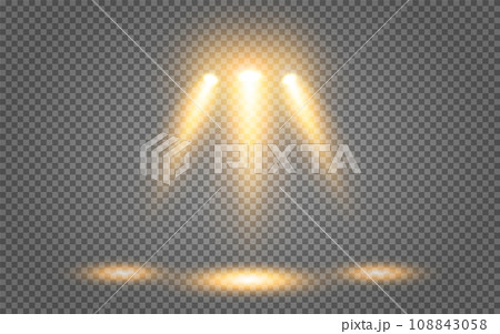 Lighting of the stage with three yellow beams of spotlights on a transparent background. 108843058