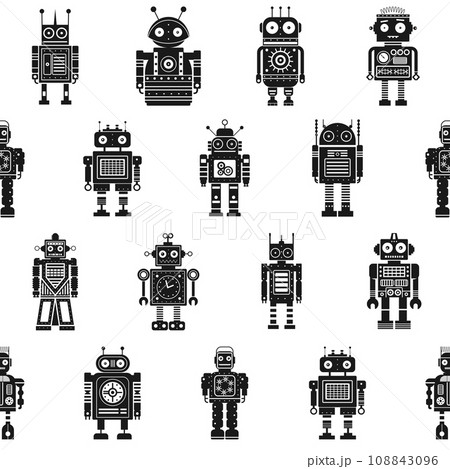 Retro Tin Robots Black and White Pattern 108843096