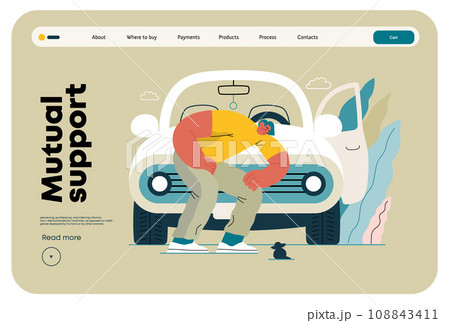 Mutual Support: Adopting a stray animal -modern flat vector concept illustration of man stopping his car for a kitten on the road A metaphor of voluntary, collaborative exchanges of resource, services 108843411
