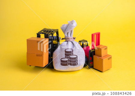 Forklifts with goods and a money bag. Delivery of industrial orders. Freight transportation, logistics management, and warehousing solutions. Economic trade policies. Infrastructure development Forklifts with goods and a money bag. Delivery of industrial orders. Freight transportation, logistics management, and warehousing solutions. Economic trade policies. Infrastructure development 108843426