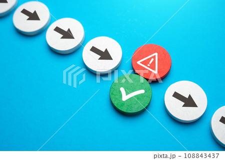 Continue or decline the offer. Make a choice. Choosing a further path, alternative options. Success or failure depends on choice. 108843437