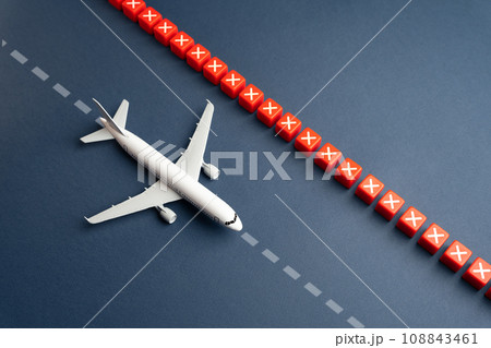 The plane flies around a closed flight area. Ban on flights. Flight cancellation. Denial to enter air area. Sanctions. Cancel insurance. No fly zone, transit prohibition. 108843461