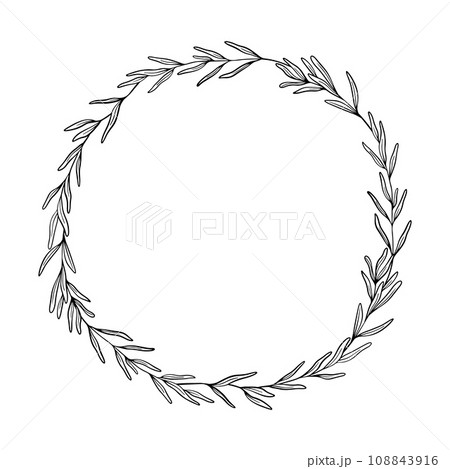 Wreath of Lavender leaves line art drawing. Hand drawn black ink sketch. Design for wedding invitation, logo, cards, packaging and labeling. Botanical rustic trendy greenery vector illustration. Wreath of Lavender leaves line art drawing. Hand drawn black ink sketch. Design for wedding invitation, logo, cards, packaging and labeling. Botanical rustic trendy greenery vector illustration. 108843916