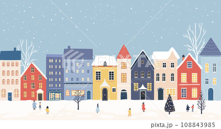Winter town, festive decorated houses, falling snow and people walking. Christmas banner vector design. Winter town, festive decorated houses, falling snow and people walking. Christmas banner vector design. 108843985