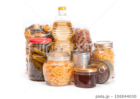 Food Reserves: Canned Food, Spaghetti, Pate, Tuna, Tomato Juice, Pasta, Fish and Grocery - Isolated Food Reserves: Canned Food, Spaghetti, Pate, Tuna, Tomato Juice, Pasta, Fish and Grocery - Isolated 108844030