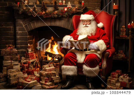 Santa Claus reading children's letters while resting in an armchair in his house Santa Claus reading children's letters while resting in an armchair in his house 108844479