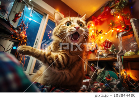 A cat left alone at home wreaks havoc in a room decorated for Christmas A cat left alone at home wreaks havoc in a room decorated for Christmas 108844480