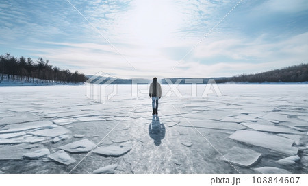 a young man walking on the frozen lake 108844607