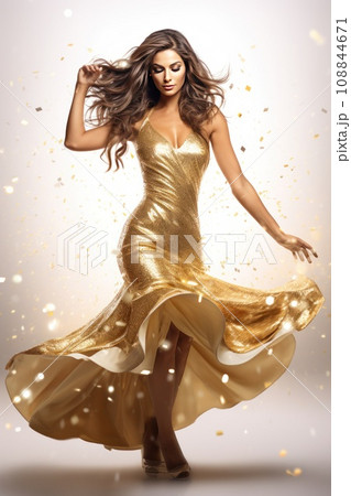 Woman in shiny dress. Fashion blonde model with straight shiny hair in glittering party gown 108844671