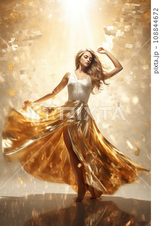 Woman in shiny dress. Fashion blonde model with straight shiny hair in glittering party gown Woman in shiny dress. Fashion blonde model with straight shiny hair in glittering party gown 108844672