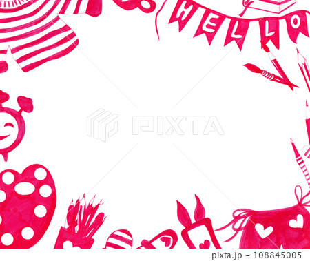 Back to school. Schoolboy set. Rectangular monochrome frame made from school supplies of a young fashionista. Ideal for cards and invitations 108845005