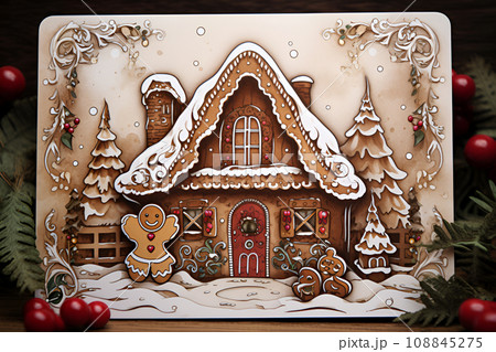 Winter Christmas card with a gingerbread man and a house  108845275