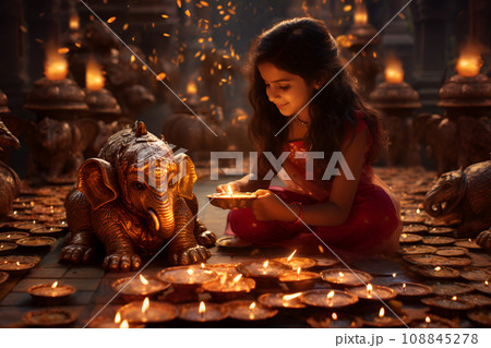 A beautiful girl holding a candle during Diwali celebration 108845278