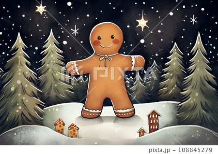 Gingerbread man in winter scene, Christmas postcard 108845279