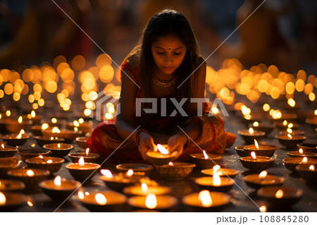A beautiful Indian girl sitting around candles during Festival of Lights  108845280