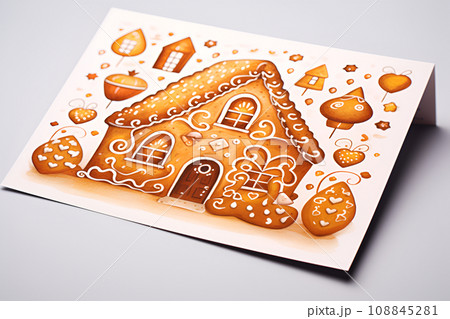Winter Christmas card with a gingerbread house  108845281