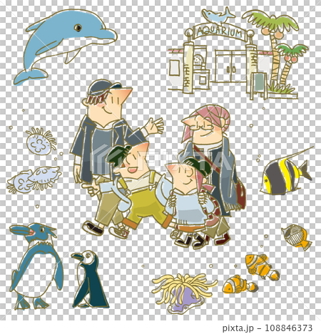 Illustration set of a family enjoying an aquarium 108846373