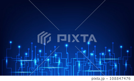 Hi tech digital circuit board. AI pad and electrical lines connected on blue lighting background. futuristic technology design element concept Hi tech digital circuit board. AI pad and electrical lines connected on blue lighting background. futuristic technology design element concept 108847476